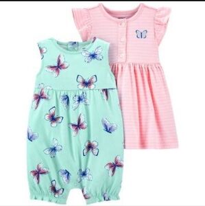 Carter's Baby Girl's 2-Piece Butterfly Green Romper & Pink Stripe Dress 6 Months